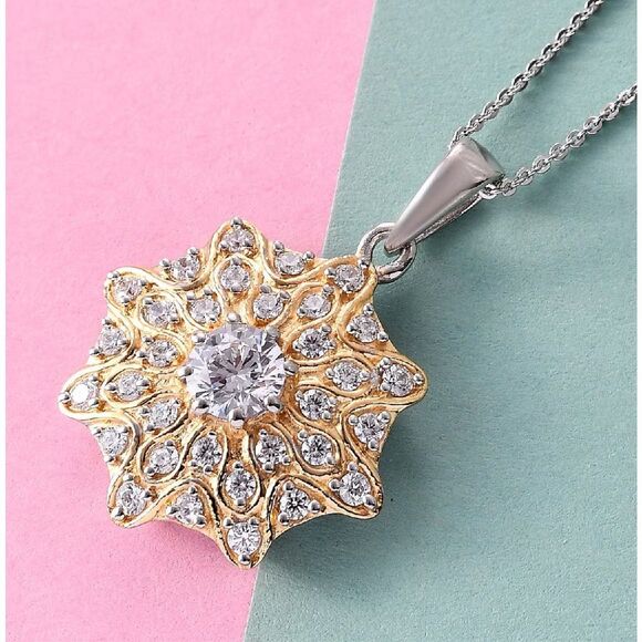 CZ Cluster Pendant Necklace 20 Inches in Vermeil Yellow Gold & Platinum Over Ste - Picture 2 of 5